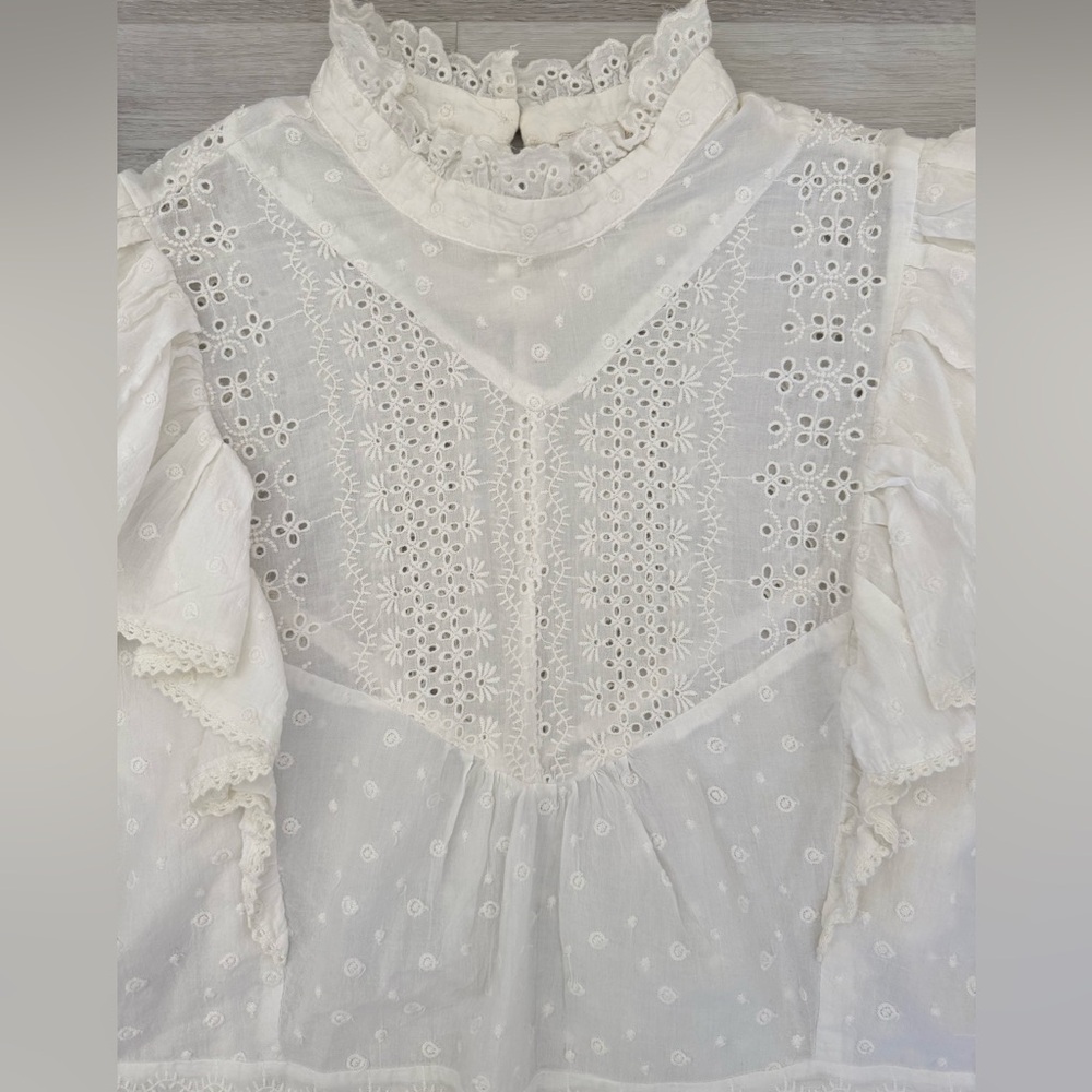 Anthropologie Ruffled Eyelet Blouse White Cottagecore Boho Prairie Top Medium - Picture 6 of 13